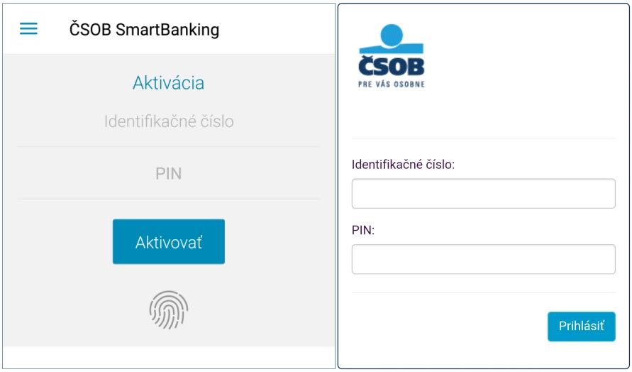 Naľavo skutočný vstup do ČSOB aplikácie, napravo falošný formulár.
