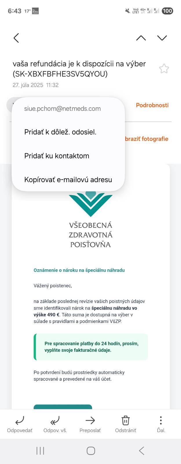 Príklad podvodného mailu