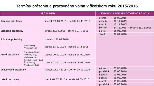 Term&iacute;ny pr&aacute;zdnin a pracovn&eacute;ho voľna v &scaron;kolskom roku 2015/16