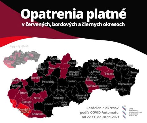 COVID AUTOMAT: Nov&yacute; prehľad opatren&iacute; platn&yacute;ch v čiern&yacute;ch, bordov&yacute;ch a červen&yacute;ch okresoch od 22.11.