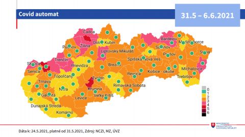 Nové rozdelenie okresov podľa COVID AUTOMATU platné od 31.5. (MAPA)