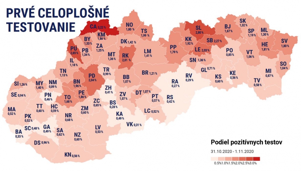 Druh&eacute; kolo  testovania sa bude t&yacute;kať t&yacute;chto 45 okresov (MAPA)