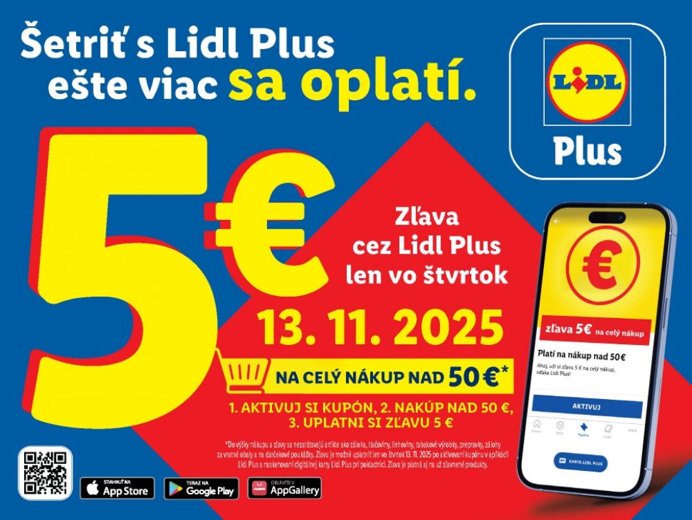 &Scaron;etriť s Lidl Plus e&scaron;te viac sa oplat&iacute;. Využite &scaron;tvrtkov&uacute; zľavu 5 eur na n&aacute;kup v hodnote nad 50 eur