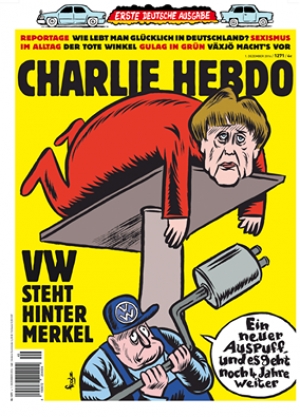 Charlie Hebdo vyšlo prvýkrát v Nemecku, karikuje Merkelovú a VW